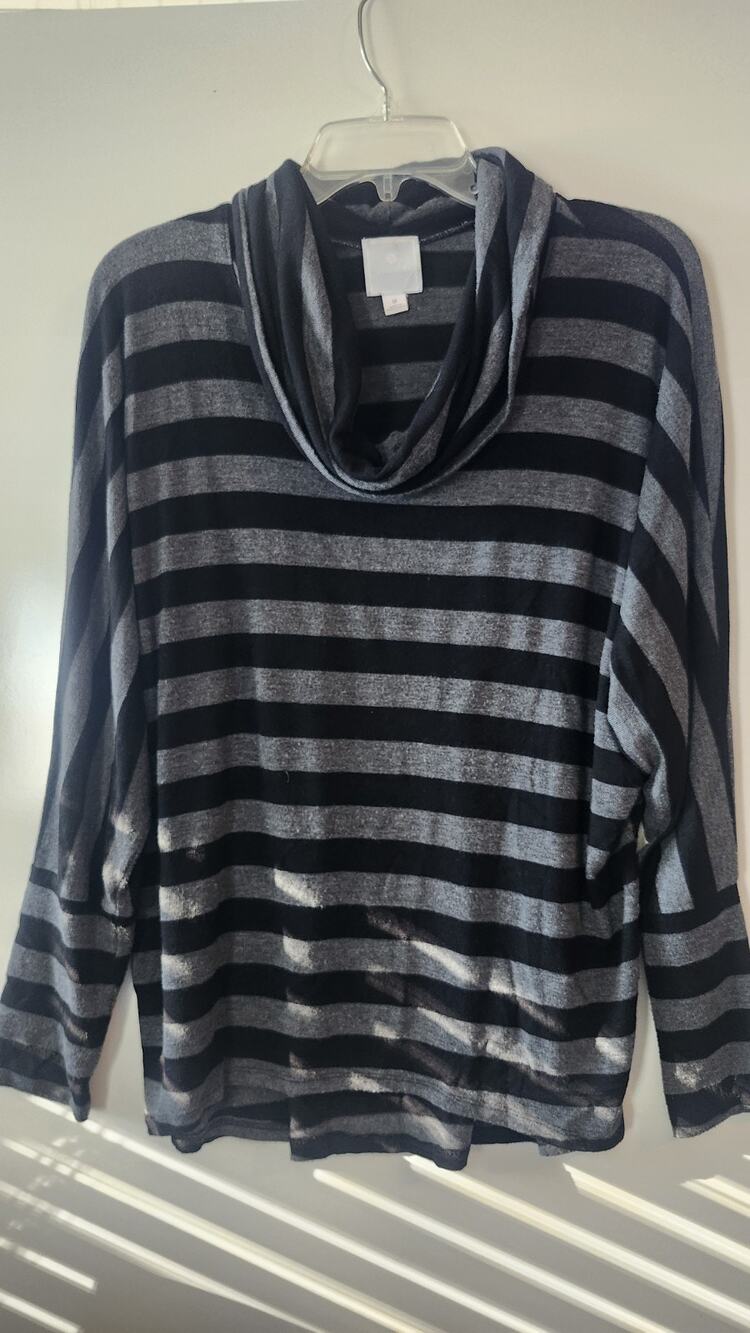 Sunday Striped Cowl Neck Tunic Sweater Women's Size M Black Gray Pullover #308